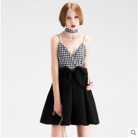 Soft Chiffon Dress Black Plaid Vest Lady Summer Dress